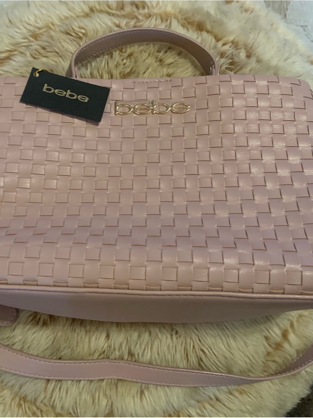 bebe Blush Pink Woven Shoulder Bag with Gold Logo